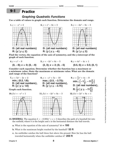 Find the y-intercept, the equation of the axis of symmetry, . . 9 1 skills practice graphing quadratic functions answer key pdf